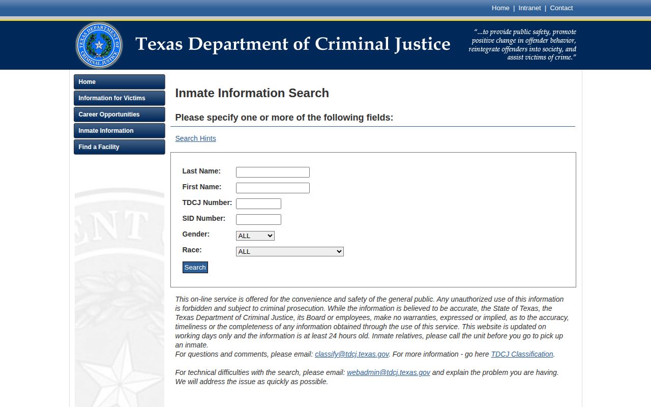 Ward County released inmate TDCJ offender search fields